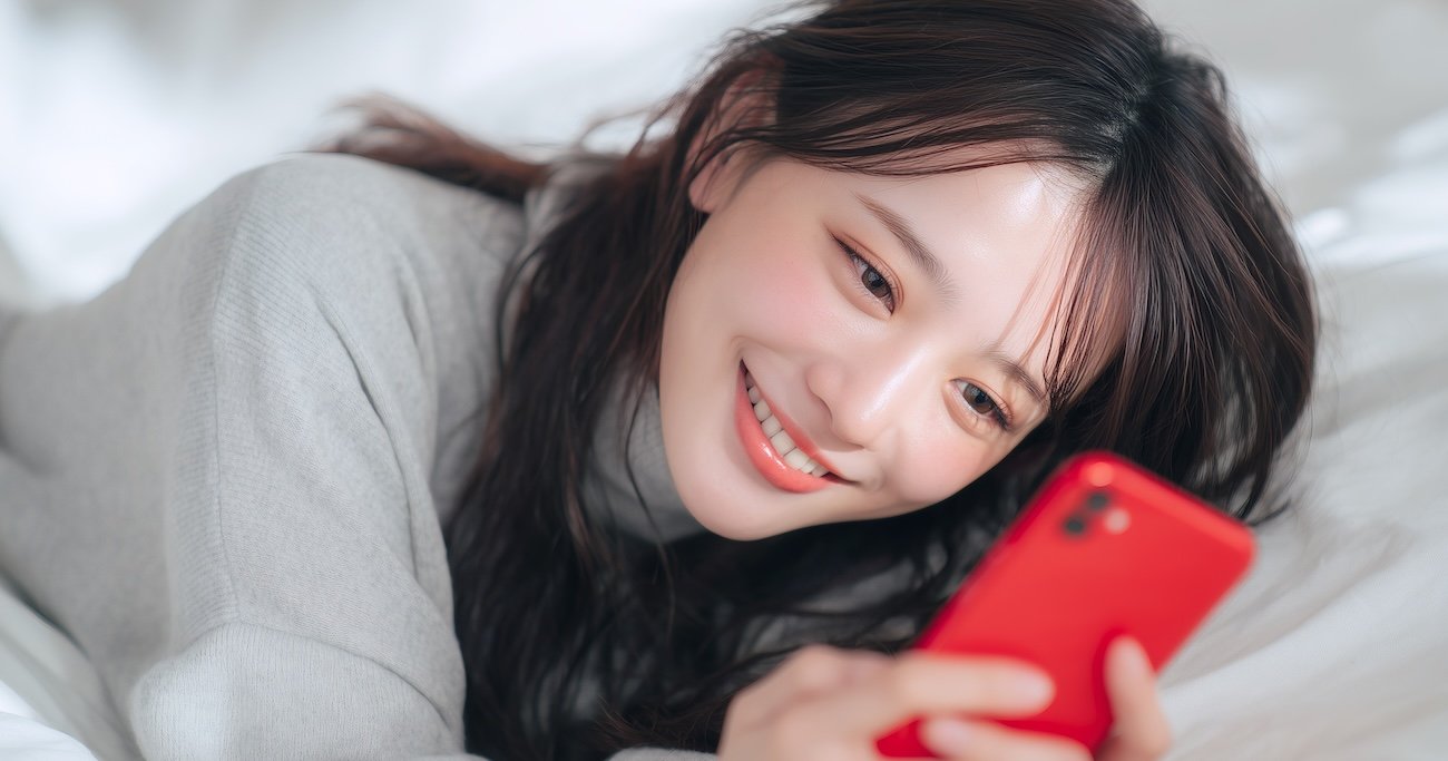 スマホを寝ころびながら眺める女性