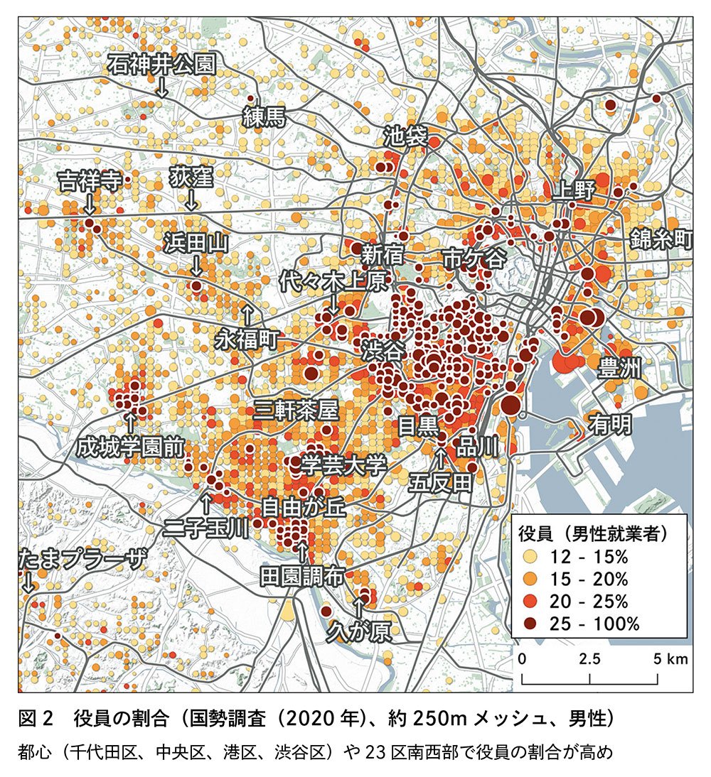 図2　役員の割合（国勢調査（2020年）、役250mメッシュ、男性）