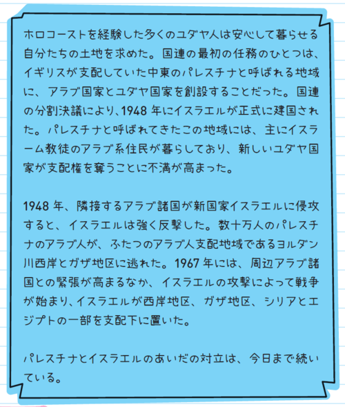 ホロコーストを経験した多くのユダヤ人は安心して暮らせる自分たちの土地を求めた。国連の最初の任務のひとつは、イギリスが支配していた中東のパレスチナと呼ばれる地域に、アラブ国家とユダヤ国家を創設することだった。国連の分割決議により、1948年にイスラエルが正式に建国された。パレスチナと呼ばれてきたこの地域には、主にイスラーム教徒のアラブ系住民が暮らしており、新しいユダヤ国家が支配権を奪うことに不満が高まった。