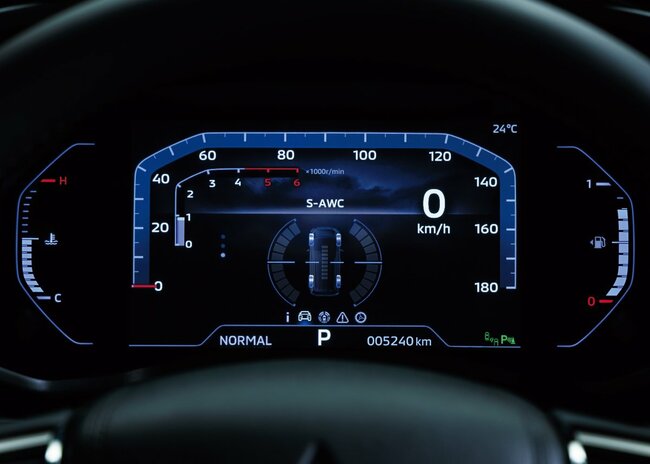 新採用された8インチカラーディスプレイメーター。中央にS-AWCの作動状況が表示される