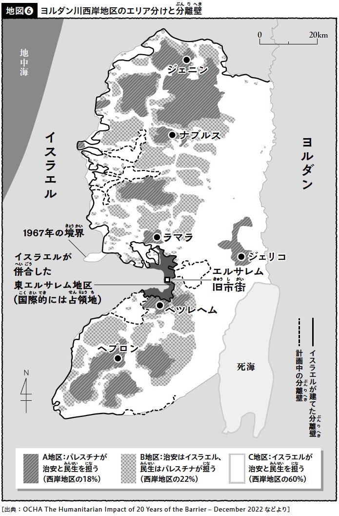 図表:ヨルダン川西岸地区のエリア分けと分離壁