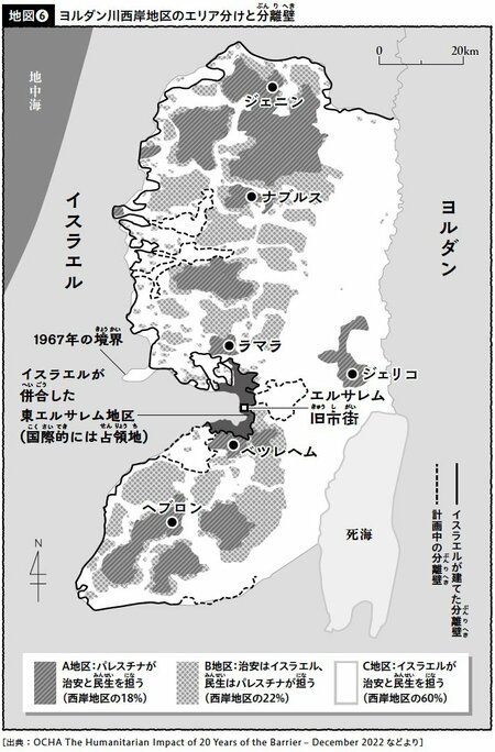 図表：ヨルダン川西岸地区のエリア分けと分離壁