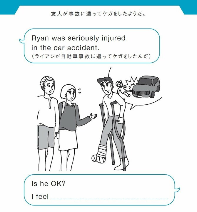 友人が事故に遭ってケガをしたようだ。
Ryan was seriously injured in the car accident.
ライアンが自動車事故に遭ってケガをしたんだ
Is he OK?
I feel ________________.