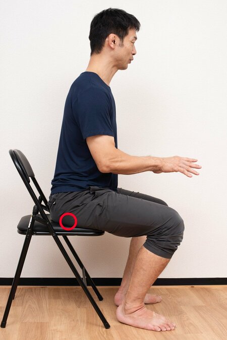 赤丸で囲んだところが「座骨」のある場所。パソコン作業をするときも座骨に体を乗せるよう意識しよう