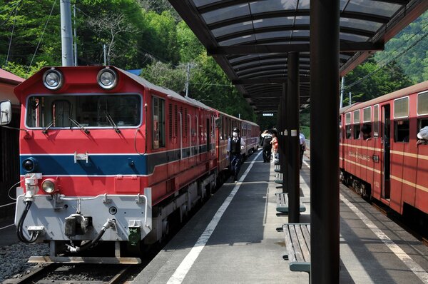 大井川本線の電車。大手私鉄の中古車が導入され「電車の博物館」とも言われた。写真は元近鉄南大阪線の特急電車　Photo by F.T.