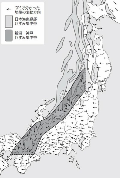 日本海東縁ひずみ集中帯と新潟-神戸ひずみ集中帯で観測された地殻変動