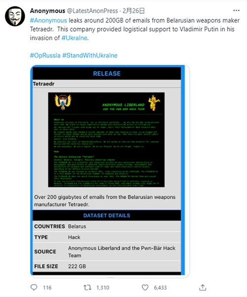 Tetraedr社から200GBものデータが情報流出したというアノニマスのツイート。この会社はプーチン大統領がウクライナに侵攻する際に、後方支援を行った。