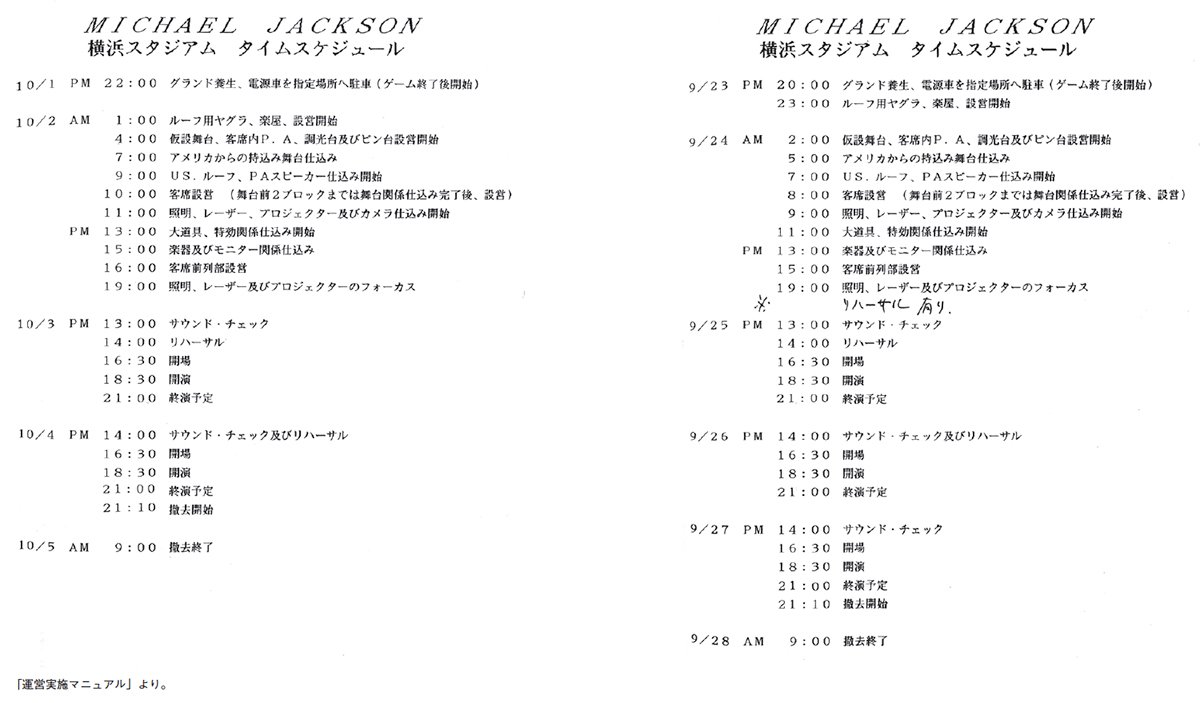 図表：マイケル・ジャクソン　横浜スタジアム タイムスケジュール