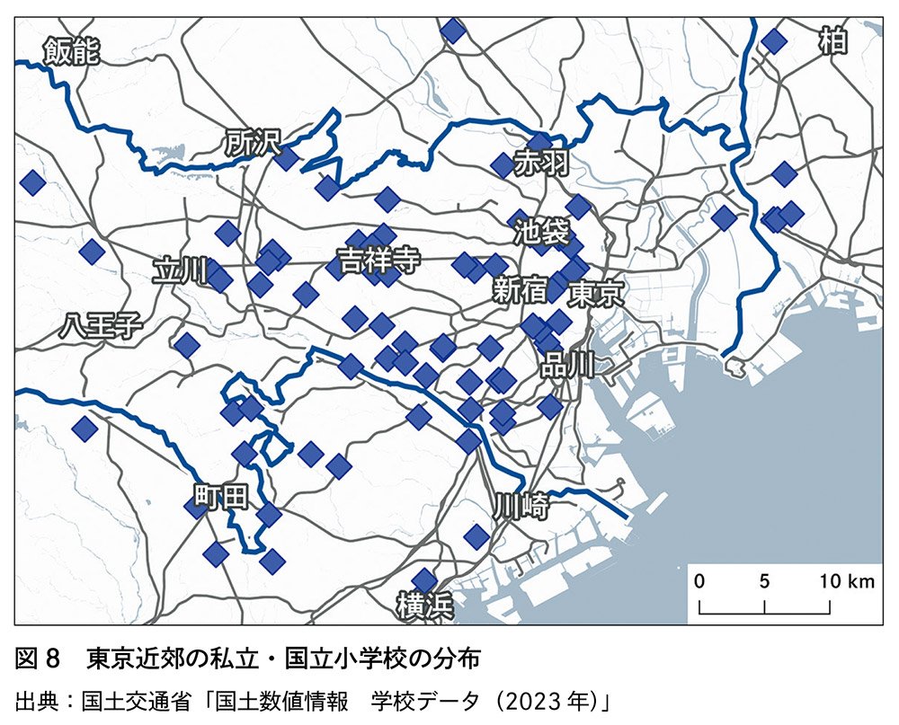 図8　東京近郊の私立・国立小学校の分布