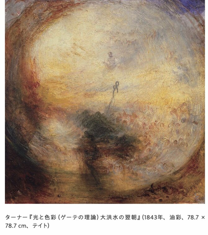 ターナー『光と色彩（ゲーテの理論）　大洪水の翌朝』（1843年、油彩、78.7 × 78.7 cm、テイト）