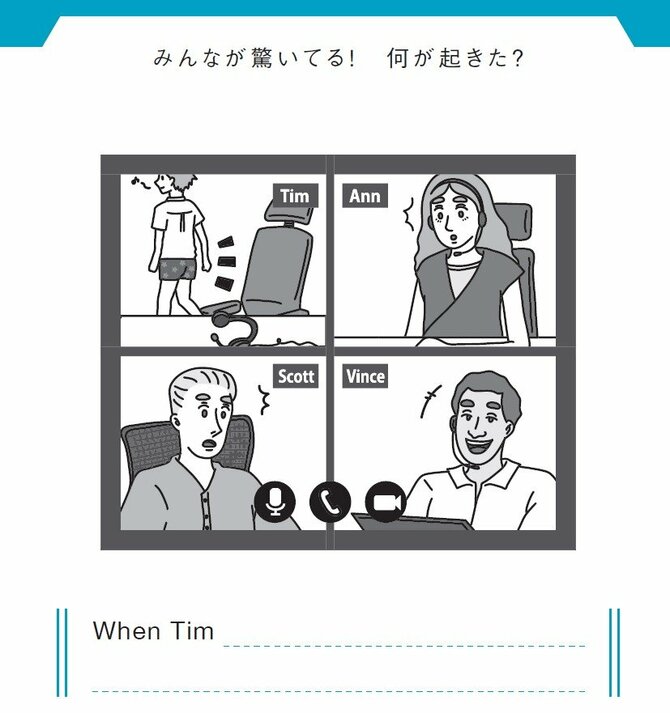 みんなが驚いてる！　何が起きた?
When Tim _______________________________________________.