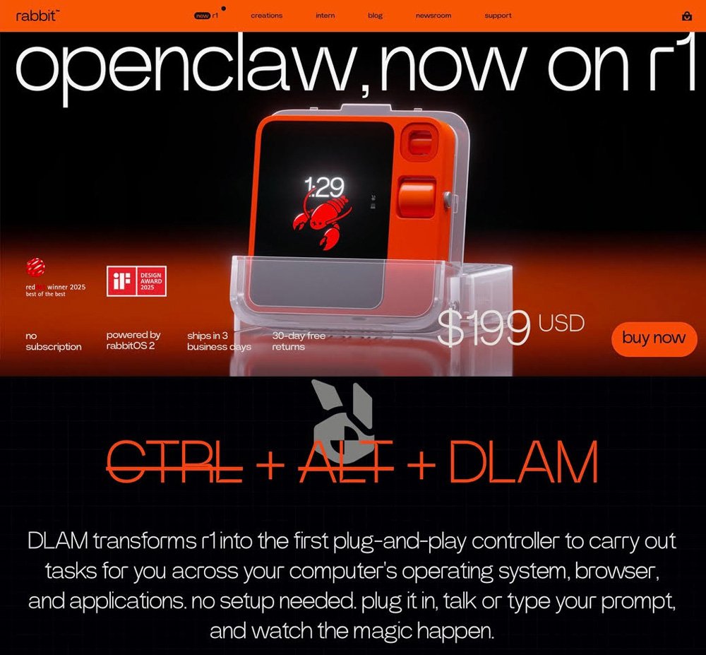 「キーボードショートカットなどは使わずに、DLAMに処理を任せればよい」というメッセージを「CTRL＋ALT＋DLAM」というキービジュアルに託したrabbit r1。実はOpenClawにも対応するが、そちらのインストールは自己責任となる