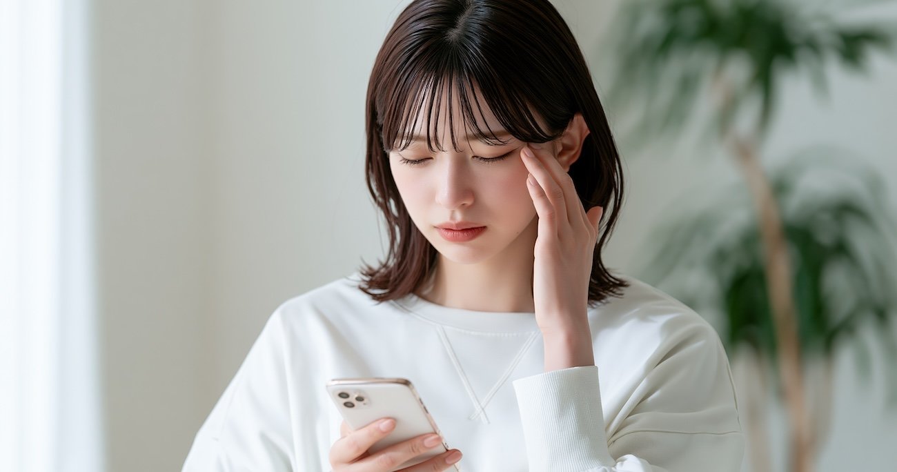 スマホを見て頭を触る女性