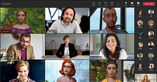 マイクロソフトのメタバース対応ビデオ会議ツール「Mesh for Teams」で会議をしているところ。Webカメラの映像で参加している参加者と、Mesh for Teamsによるアバターでの参加者が混在している不思議なビデオ会議になっている（写真提供：マイクロソフト）