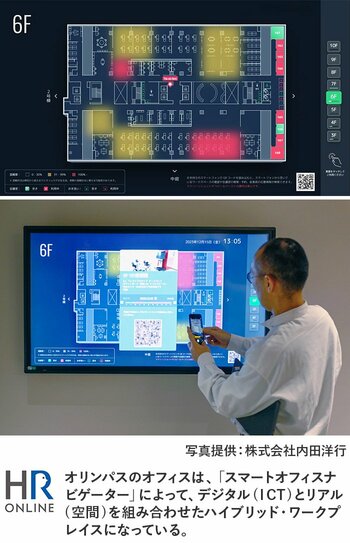 写真提供：株式会社内田洋行
オリンパスのオフィスは、 「スマートオフィスナビゲーター」によって、デジタル(ICT)とリアル(空間)を組み合わせたハイブリッド・ワークプレイスになっている。
