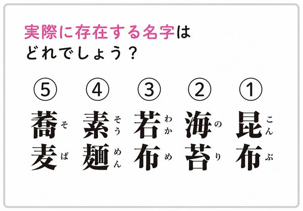 実在に存在する名字はどれでしょう？（1）昆布（2）海苔（3）若布（4）素麺（5）蕎麦