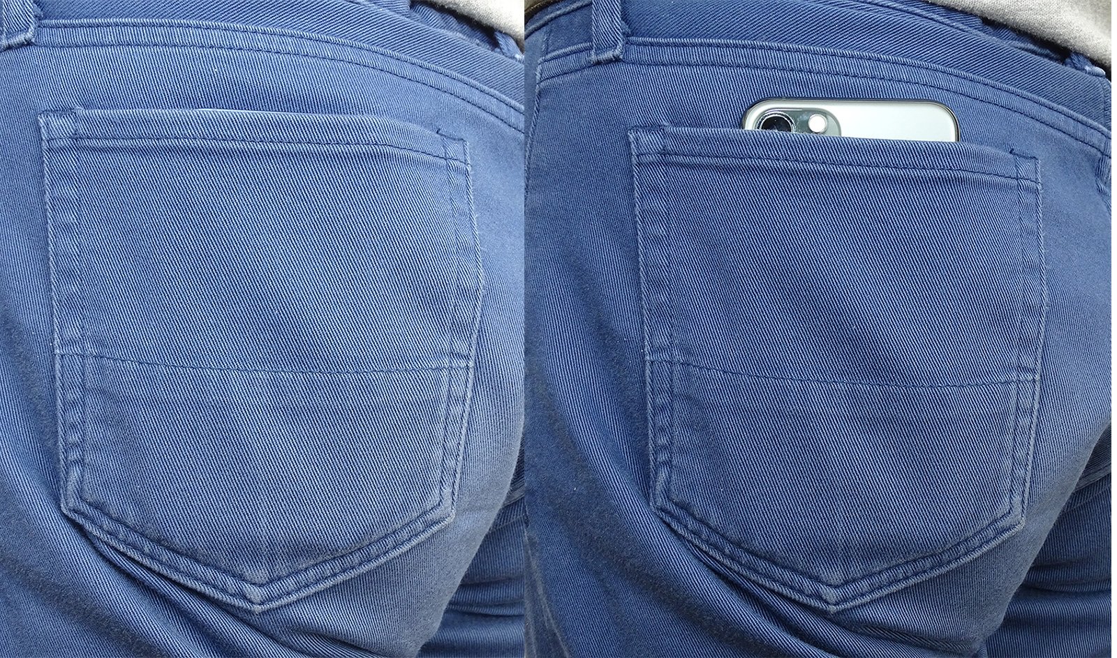 左側の写真はポケットにiPhone 12 miniが入っている。男性のズボンのポケットに無理なく収まる。右側の写真のポケットにはiPhone12 Proが入っている