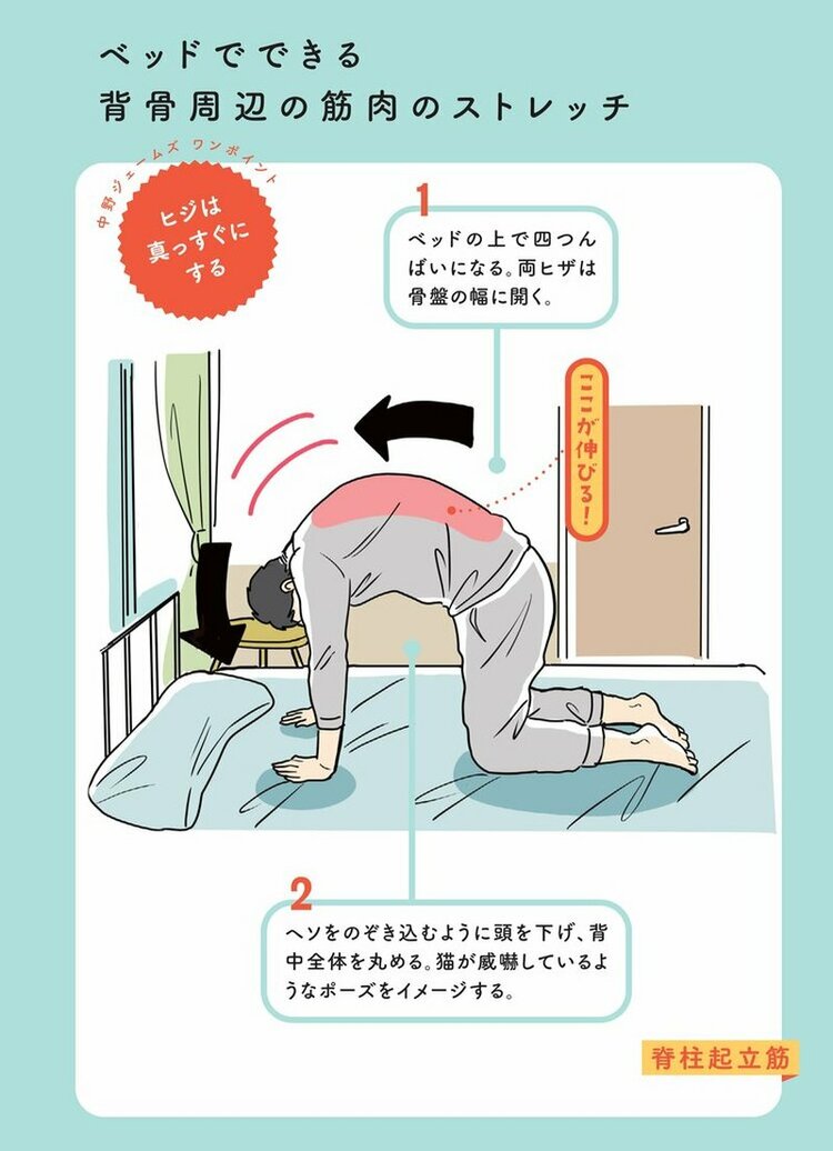 【マンガ】『世界一受けたい授業』で話題！体が硬い人は絶対やってみて！“背中が重だるい”は驚くほど軽くなる「ベッドで20秒の背中ほぐし」