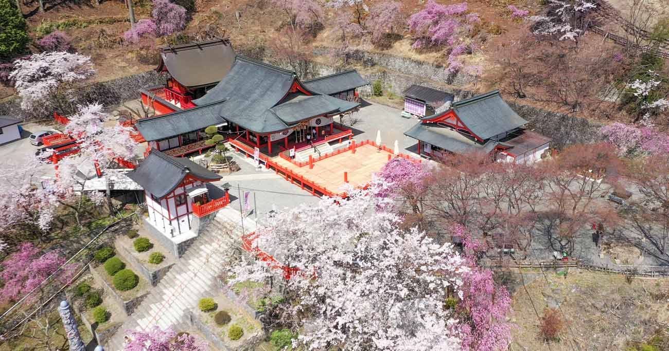 ドローンで見る日本の絶景、満開の桜に囲まれた昇仙峡・金櫻神社