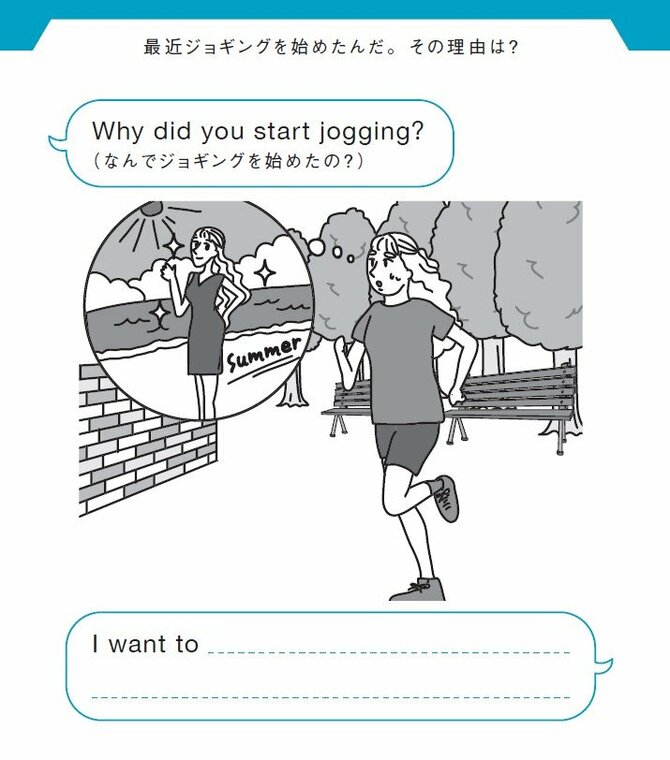 最近ジョギングを始めたんだ。その理由は？
Why did you start jogging?
（なんでジョギングを始めたの？）
I want to _________________________.