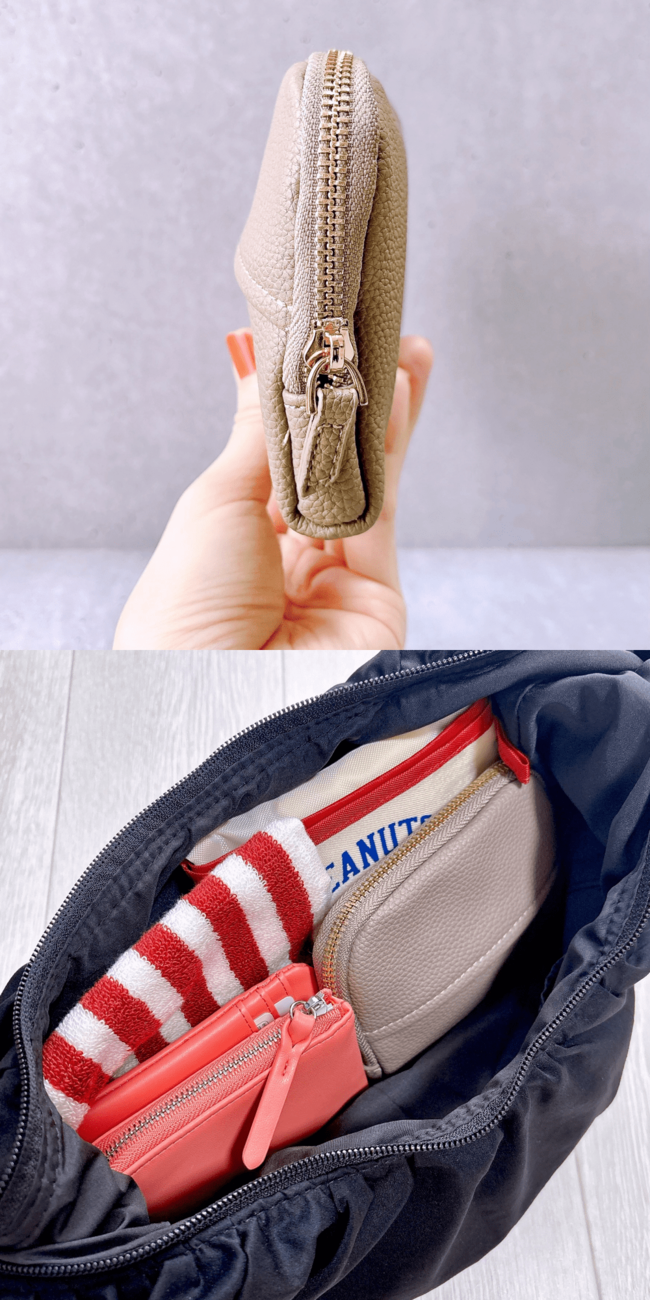【3COINS】カードが60枚も入った！ガバッと開く「ぺたんこポーチ」小物をスッキリ持ち歩けて大助かり！《購入レビュー》