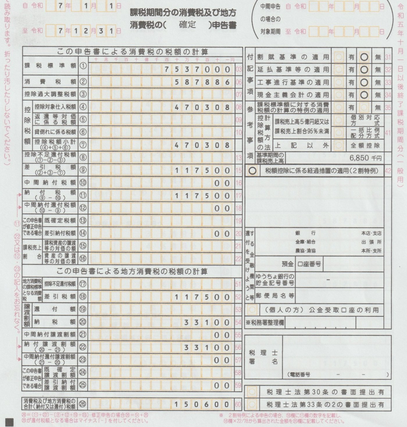 画像：課税期間分の消費税及び地方消費税の（確定）申告書