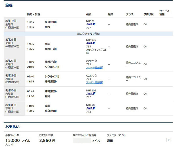 ANAの1万5000マイルの価値を最大限に引き出すような旅程の一例