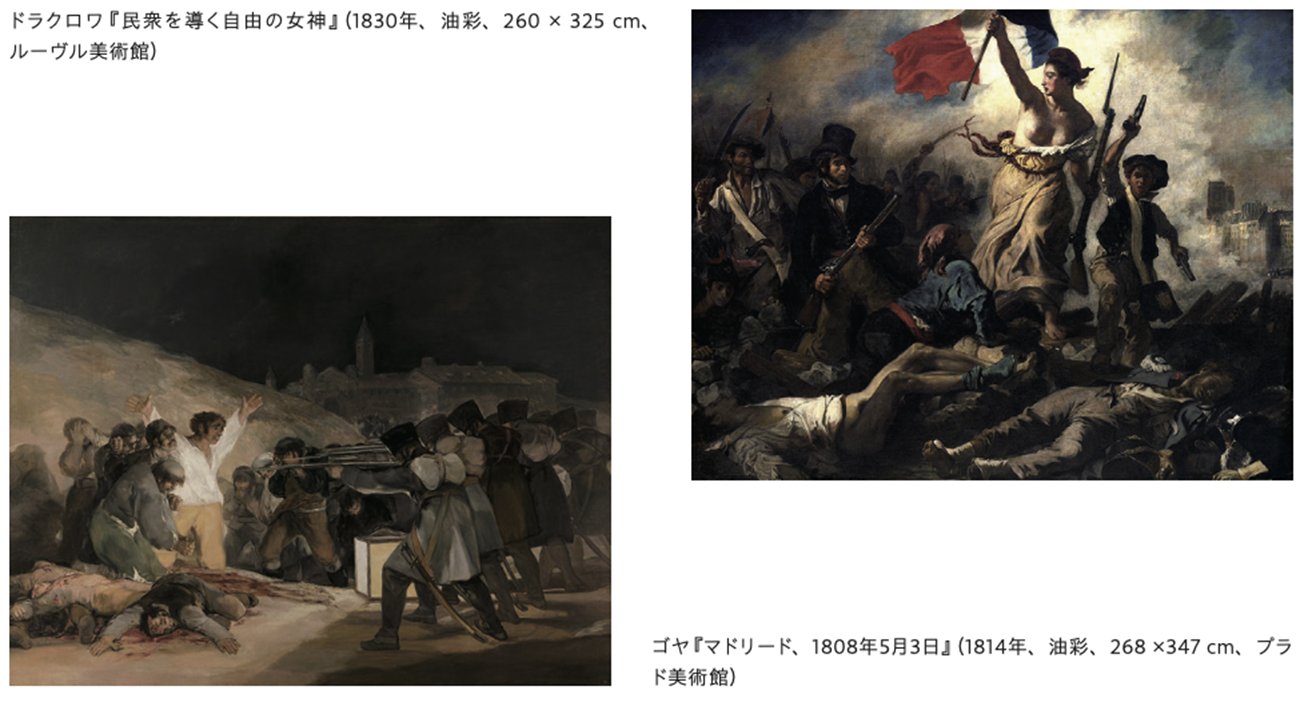 ドラクロワ『民衆を導く自由の女神』(1830年、油彩、260 × 325 cm、ルーヴル美術館)
ゴヤ『マドリード、1808年5月3日』(1814年、油彩、268 ×347 cm、プラド美術館)