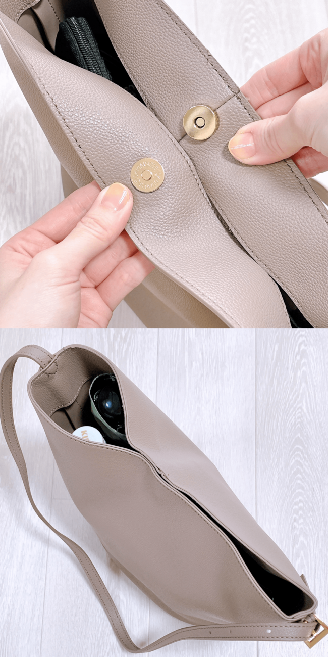 3COINSの「荷物がたっぷり入るショルダーバッグ」ペットボトルを立てて収納できて便利！シンプルだから長く愛用できそうです！《購入レビュー》