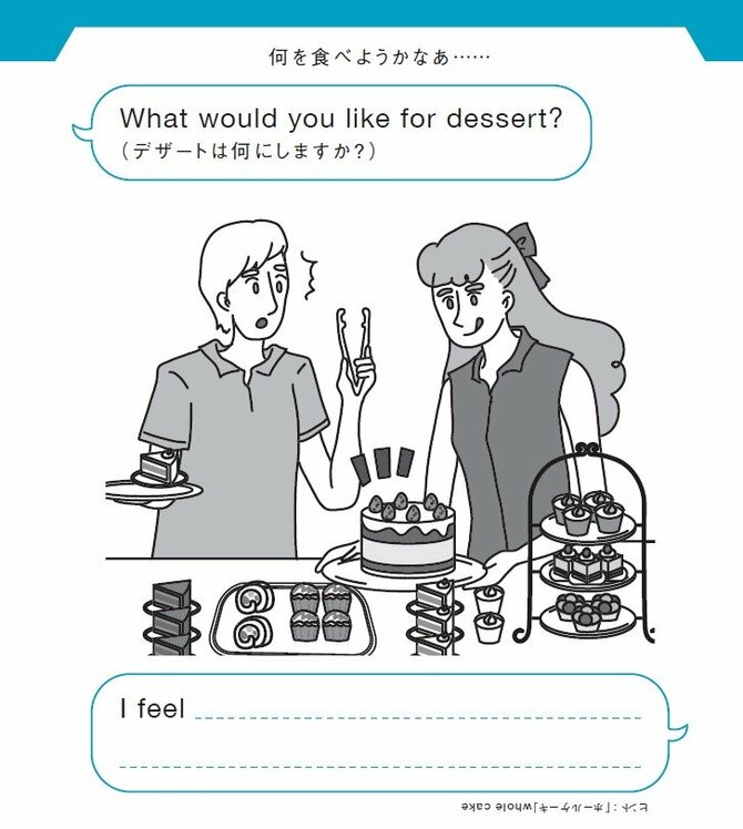 何を食べようかなあ……
What would you like for dessert?（デザートは何にしますか？）
I feel
