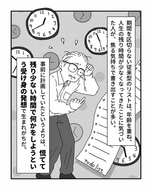 期間を区切らない従来型のリストは、年齢を重ね、人生の残り時間が少なくなってきたことに気づいた人が、焦る気持ちで、生きているうちにやりたいことを書き出すことが多い。
事前に計画していたというよりは、慌てて残り少ない時間で何かをしようという受け身の発想で生まれがちだ。
