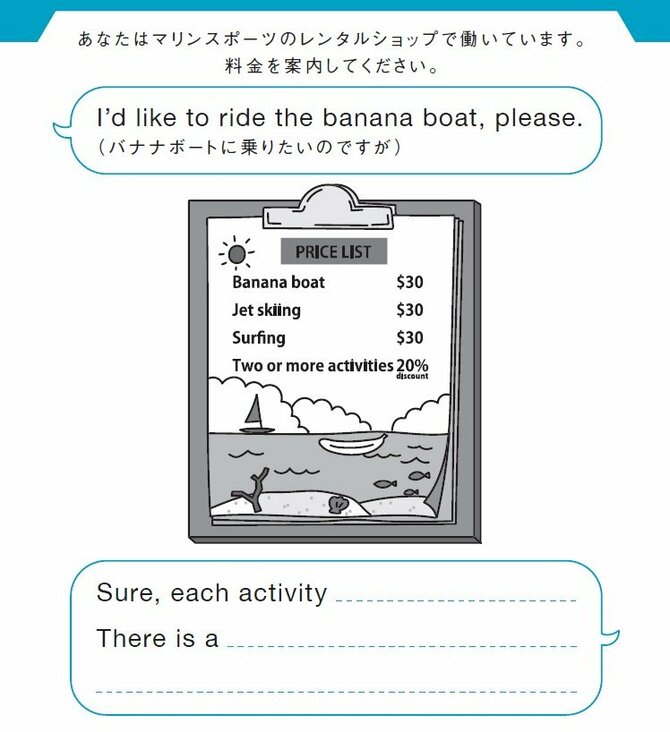 あなたはマリンスポーツのレンタルショップで働いています。料金を案内してください。

I’d like to ride the banana boat, please.（バナナボートに乗りたいのですが）
Sure, each activity __________________.
There is a __________________________________________.