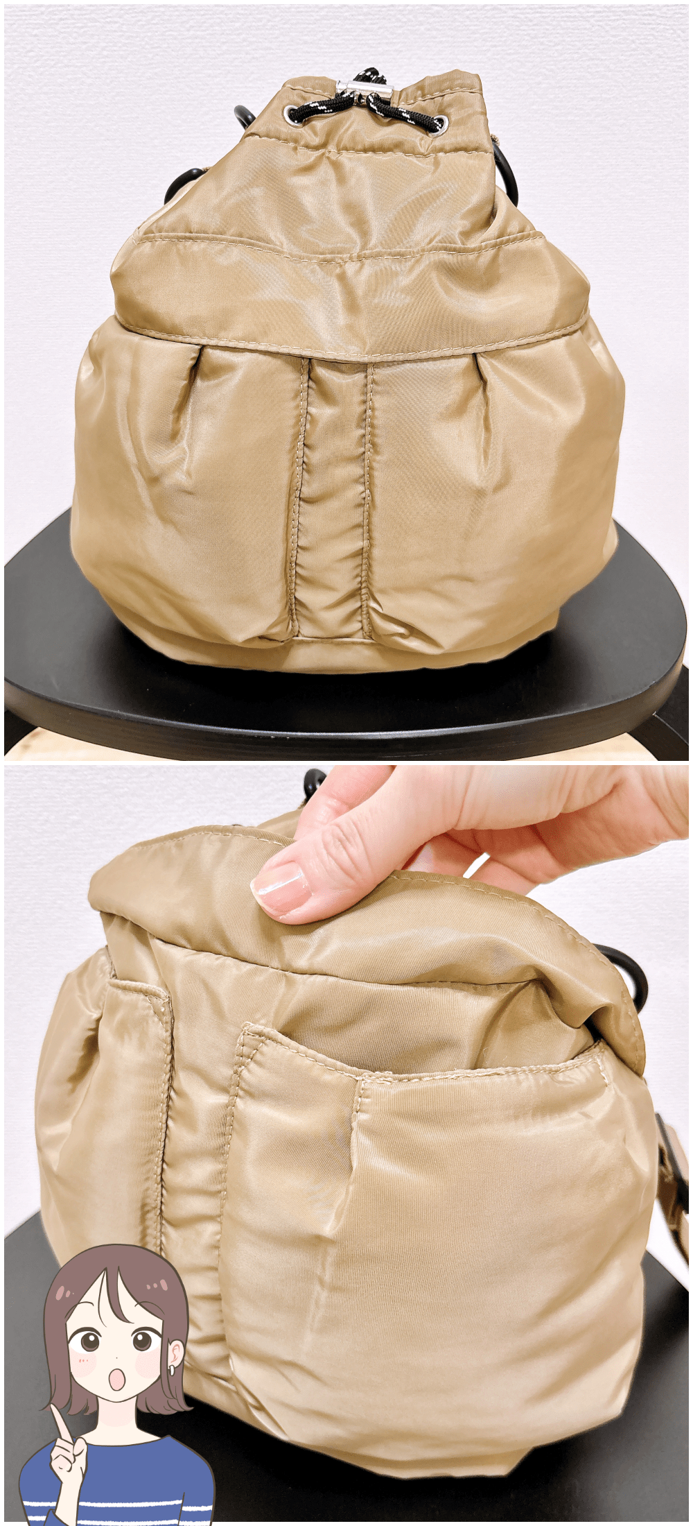 「毎日使ってます」「買って良かった」3COINSの“荷物がたっぷり入る巾着ショルダー”ガバッと開いて使いやすい！「天気に関係なく使いたくなる可愛さ」
