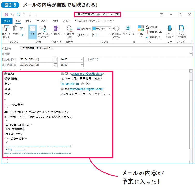 メールの内容が自動で反映される!