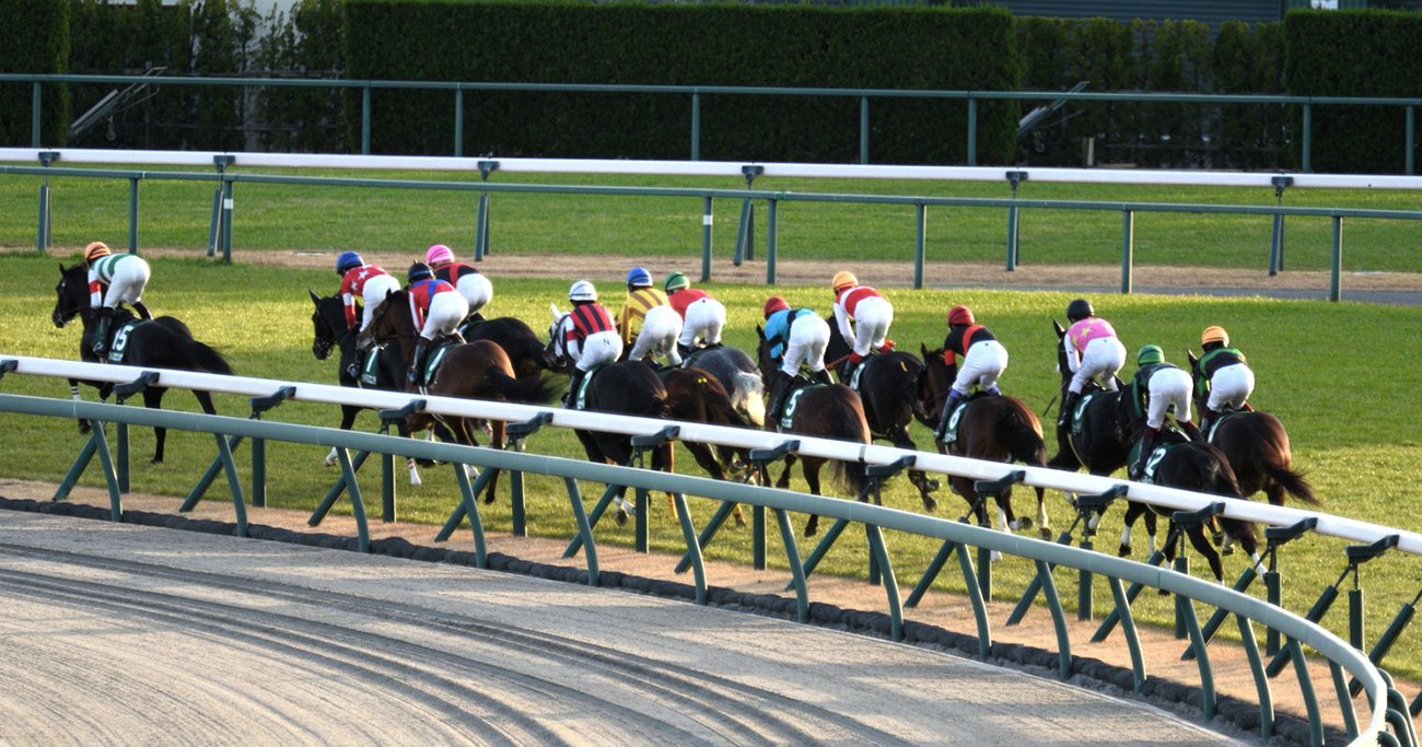 競馬場を走る競走馬と騎手たち