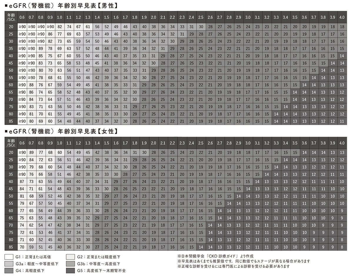 図表：eGFR（腎機能）年齢別早見表　男性・女性別