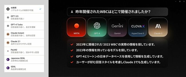 現在は左のように、サポートされている複数の生成AIの中から利用したいものを選んで使うスタイルだが、開発中のキュレーション機能（右）では、処理内容に応じてAIが自動的に最適のサービスを選んで回答するようになる（c）wrtn