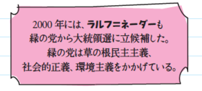 2000年には、ラルフ＝ネーダーも緑の党から大統領選に立候補した。緑の党は草の根民主主義、社会的正義、環境主義をかかげている。