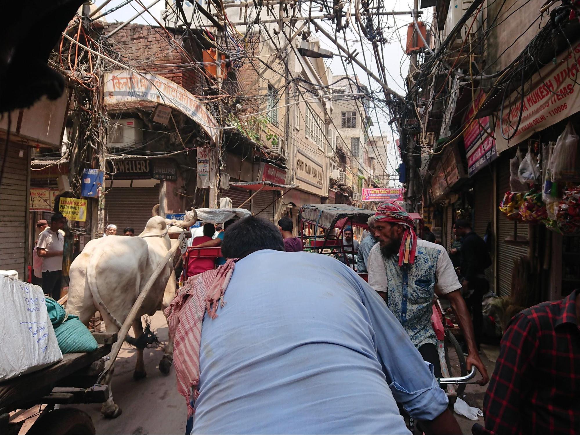 インド市内オールドデリーの光景。電線がごちゃごちゃなのはインドあるある(提供=筆者)