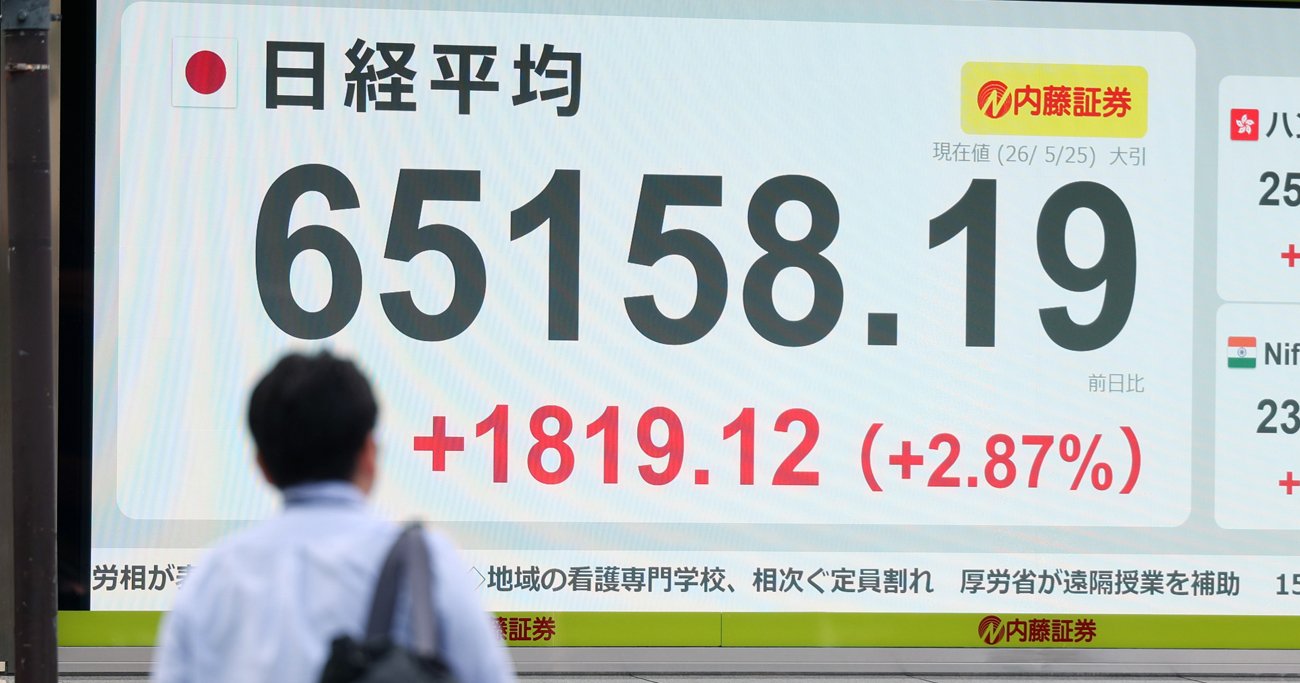 史上最高値の6万5158円19銭で取引を終えた日経平均株価を示すモニター