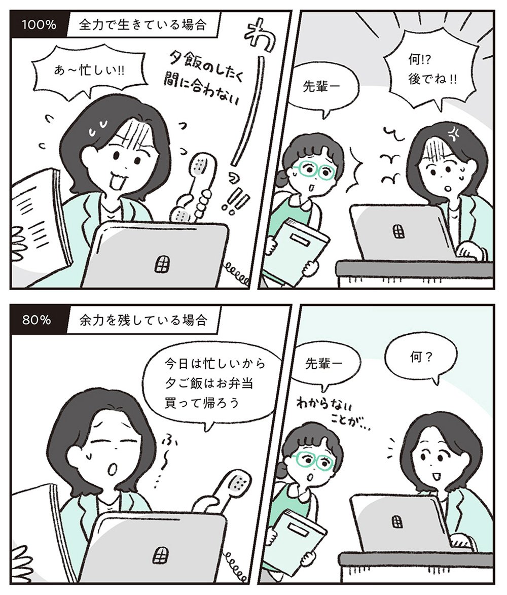イラスト：感じのいい人は「8割」で止めて余裕をつくる