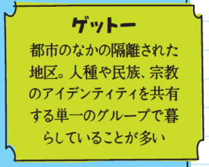ゲットー。都市のなかの隔離された地区。人種や民族、宗教のアイデンティティを共有する単一のグループで暮らしていることが多い
