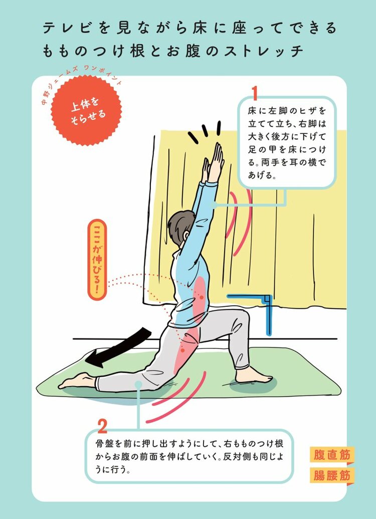 【マンガでわかる】『世界一受けたい授業』で話題！体がゴリゴリに硬い人は絶対やってみて！テレビを見ながらできる「もものつけ根」と「お腹」が超スッキリする簡単ストレッチ