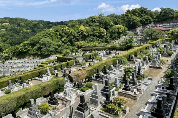 横浜霊園の遠景。ほとんどの墓や通路は整備されている状態だが、荒れ墓も散在する（筆者撮影）