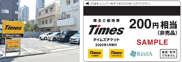 画像A.pdf(200円分のみ)+B.jpg+C.jpg(※Cは使わなくても構いません)
チケット利用では釣り銭は出ないが、100株保有ならチケット1枚の額面は200円分と少額なので使いやすい。公式サイト(https://times-info.net/)から、近くのタイムズが検索可能で、タイムズチケットが利用できるかどうかもチェックできる。