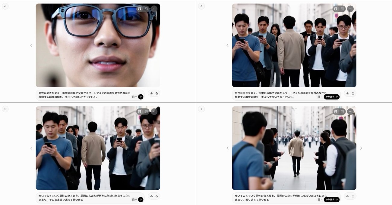 最終シーンも、1つ前の動画の最終フレームから続ける手法で、男性が群衆をかき分けて歩く様子と、さらにその先に進んでいく部分の2回に分けて生成した。この部分の映像には、「スマートフォンのながら歩きをする一団に対するアンチテーゼとしてのARグラスユーザー」の意味合いが込められている