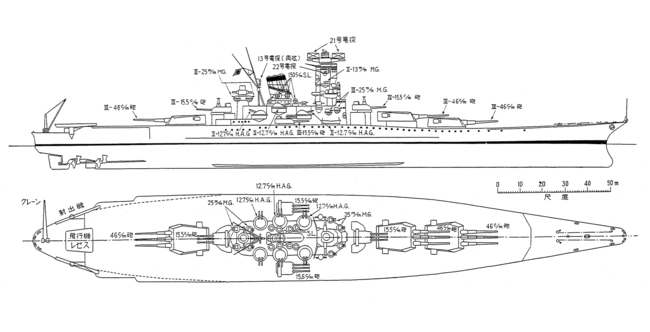戦艦大和の主砲、副砲は、<br />戦闘力を最大限に考慮した配置だった