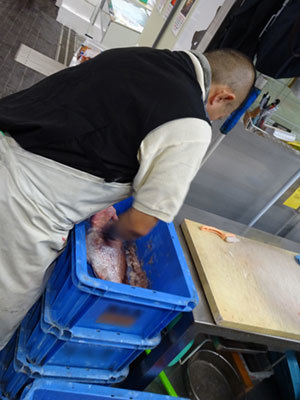 豊洲市場でプラスチックケースの中でタイのうろこを落とす業者