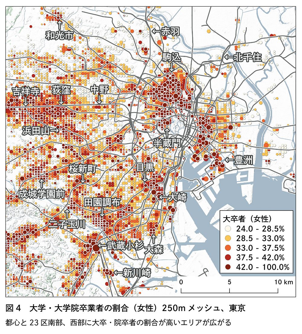 図4　大学・大学院卒業者の割合（女性）250mメッシュ、東京