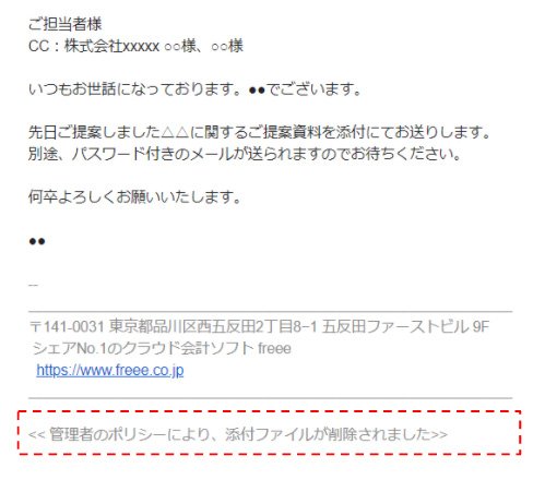 自動的に添付ファイルが削除され、それを通知する文言が本文の後に付加される